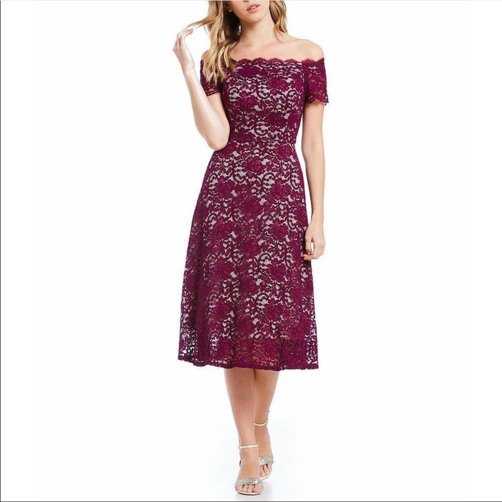 Adrianna Papell Laurel lace off the shoulder midi dress, berry